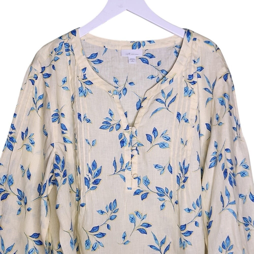 J.Jill Love Linen Yellow Blue Floral Tunic Top Linen Vacation Resort Coastal XLP